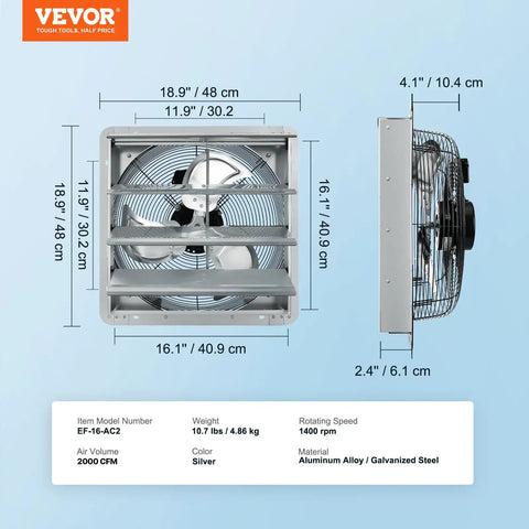 Front and side view of Powerhouse 16 Inch Shutter Exhaust Fan with AC Motor 2000 CFM for wall mount ventilation in silver color.