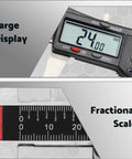 Six Inch Digital Caliper With Stainless Steel Body showing clear LCD display and fractional scale for precise measurement.