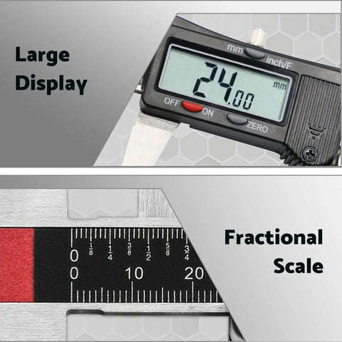 Six Inch Digital Caliper With Stainless Steel Body showing clear LCD display and fractional scale for precise measurement.