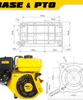 Rugged 7HP 212cc Gas Engine Horizontal Shaft 4-Stroke OHV With Recoil Start detailed view with technical schematics