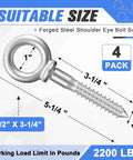 4 Pack Forged Steel Shoulder Eye Bolts 1/2 x 3-1/4 Heavy Duty Hook Screws Hot Dip Galvanized For Anchoring Chain And Wire Rope Up To 2,200 Lbs