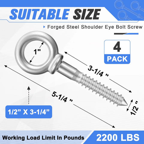 4 Pack Forged Steel Shoulder Eye Bolts 1/2 x 3-1/4 Heavy Duty Hook Screws Hot Dip Galvanized For Anchoring Chain And Wire Rope Up To 2,200 Lbs