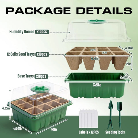 Seed Starter Tray Kit 10 Pack With Humidity Domes 120 Cells Total Germination Trays Complete Mini Greenhouse For Seed Growing
