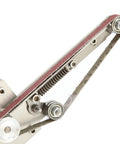 Close-up of Heavy Duty Mini Belt Sander Workhorse Packing 150 Watt Brass Core Motor And Quick Shift Speed Dial for polishing projects.