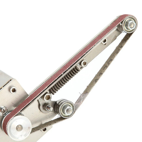 Close-up of Heavy Duty Mini Belt Sander Workhorse Packing 150 Watt Brass Core Motor And Quick Shift Speed Dial for polishing projects.