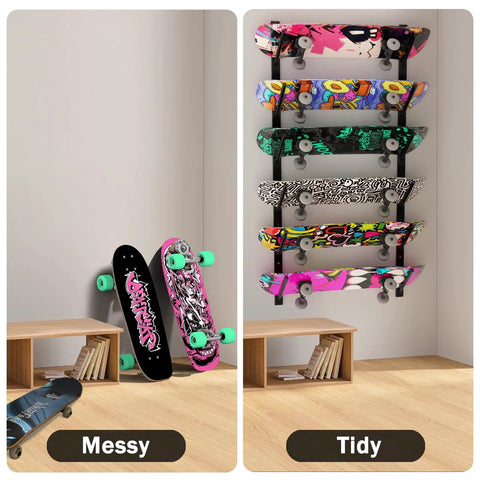 Hella Sturdy Skateboard Wall Mount With Six Tier Display Rack To Store Longboards Skis And Snowboards while showcasing organized skateboard displays.