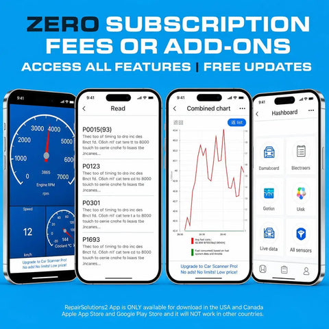 Bluetooth OBDII Scan Tool For IPhone And Android With No Subscription Fee, showcasing app interface on smartphone screens.
