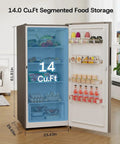 Top Shelf 14 Cubic Foot Upright Freezer With Convertible Fridge Design, showing interior segmented storage for food.