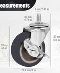 3 Inch Swivel Caster Wheels Set Of 4 Heavy Duty 600 Lbs Capacity Non Marking Rubber Casters With Dual Wheel Brakes dimensions showing measurements.