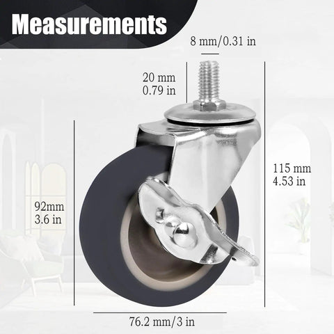 3 Inch Swivel Caster Wheels Set Of 4 Heavy Duty 600 Lbs Capacity Non Marking Rubber Casters With Dual Wheel Brakes dimensions showing measurements.