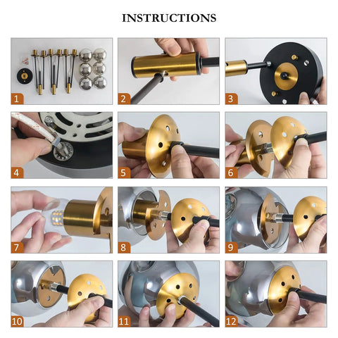 Assembly steps for Six Light Sputnik Glass Globe Chandelier In Black And Gold Modern Mid Century Pendant Light