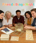 Group playing with Deluxe Wooden Bingo Game Set With Large Metal Cage, 75 Balls, 25 Reusable Cards, 700 Chips