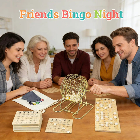 Group playing with Deluxe Wooden Bingo Game Set With Large Metal Cage, 75 Balls, 25 Reusable Cards, 700 Chips