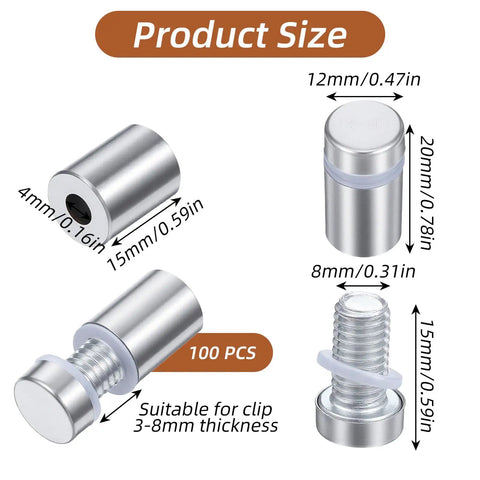 Heavy Duty Stainless Steel Standoff Screws One Half By Three Quarters Inch With Silicone Buffer Pads For Hanging Art And Wall Displays Tough As Nails Mounting Hardware 100 Piece Bulk Kit size dimensions display