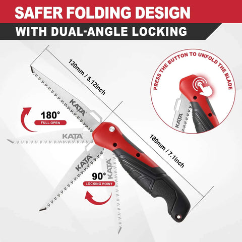 Five In One Folding Hand Saw For Drywall And More with dual-angle locking feature shown open and folded.