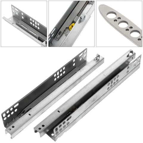 Heavy Duty Drawer Slides 2 Pack With Thick Cold Rolled Steel Rails, No Squeak Damping Buffer, High Load Bearing For Cabinets And Dressers, Easy Install, Smooth Quiet Sliding For Kitchen Cabinets And Home Furniture. Steel drawer slide set with mounting holes and damping buffer.