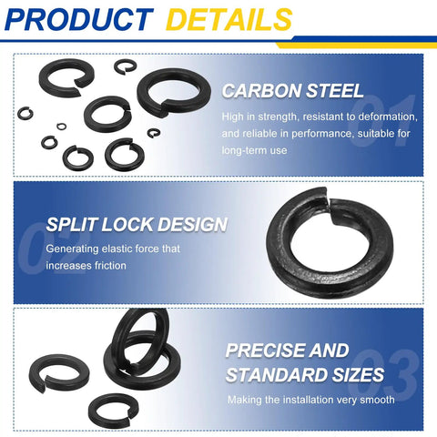 50 Pcs M6 Split Lock Washers Carbon Steel Black Oxide Spring Locking Rings for screws bolts furniture DIY projects