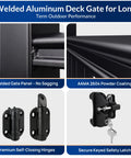 Beefy Welded Aluminum Deck Gate Kit With Latch And Auto Closing Hinge showing welded panel, AAMA 2604 finish, hinge, and latch.