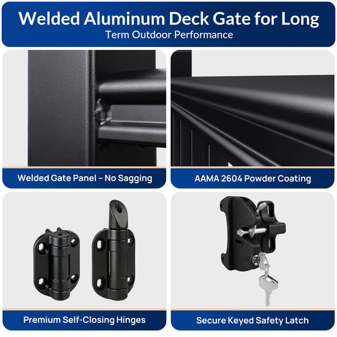 Beefy Welded Aluminum Deck Gate Kit With Latch And Auto Closing Hinge showing welded panel, AAMA 2604 finish, hinge, and latch.