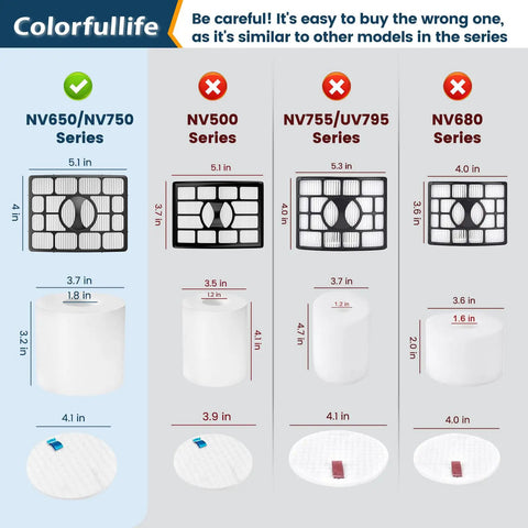 Comparison chart of vacuum filters for NV650/NV750, NV500, NV755/UV795, NV680 series with measurements and compatibility warnings.