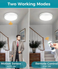 Rechargeable Motion Sensor Ceiling Light With Remote, 7.5 Inch LED Fixture in hallway with motion detection and remote control.