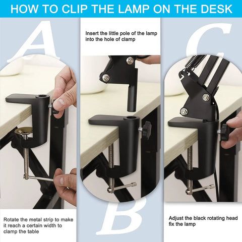 Illustration of attaching clamp for 5X Magnifying Glass With Light For Crafts And Hobbies to desk using steps A, B, C