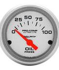 Front view of Auto Meter Ultra-Lite electric oil pressure gauge, 2-1/16 in, white dial with red needle