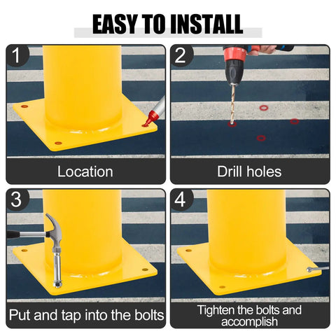 Step-by-step installation guide for Heavy Duty Steel Safety Bollards Industrial Yellow Powder Coat Includes Anchor Bolts.