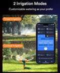 Dope Solar WiFi Sprinkler Timer With Flow Monitor showing app interface for timed and cyclical irrigation modes in garden