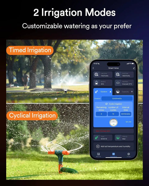Dope Solar WiFi Sprinkler Timer With Flow Monitor showing app interface for timed and cyclical irrigation modes in garden