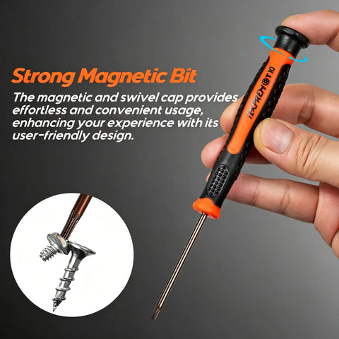 8-In-1 Small Torx Screwdriver Set With T3 Through T10 Security Bits for Electronics shown with magnetic bit tip