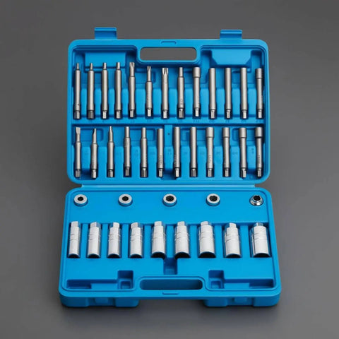 Pro Grade Shock Absorber Strut Wrench Set With Piston Rod Holding Tools Comprehensive Strut Nut Socket Kit CR Build Labeled Pieces For Pro Workshops Easy Suspension Service And Parts Replacement blue case