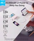Road Ready 20000 Mah Portable Power Bank With Built In Usb C Port And 30 Watt Quick Charge connected to devices on a tabletop.