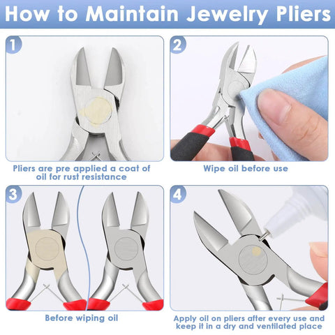 Guide on maintaining Beast Pro Grade Wire Cutters for crafts and jewelry making with images of cleaning and oiling steps.