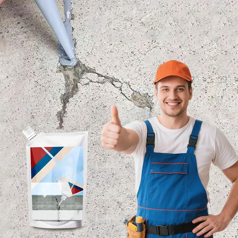 Heavy-Duty Concrete Crack Repair Adhesive That Dries Fast And Stays Waterproof, shown with worker applying product to crack.
