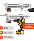 Electric Grease Gun Drill Adapter For DeWalt Cordless Drill Driver 14 Oz Capacity 12 Inch Flexible Hose shown with drill