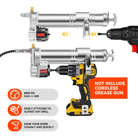 Electric Grease Gun Drill Adapter For DeWalt Cordless Drill Driver 14 Oz Capacity 12 Inch Flexible Hose shown with drill