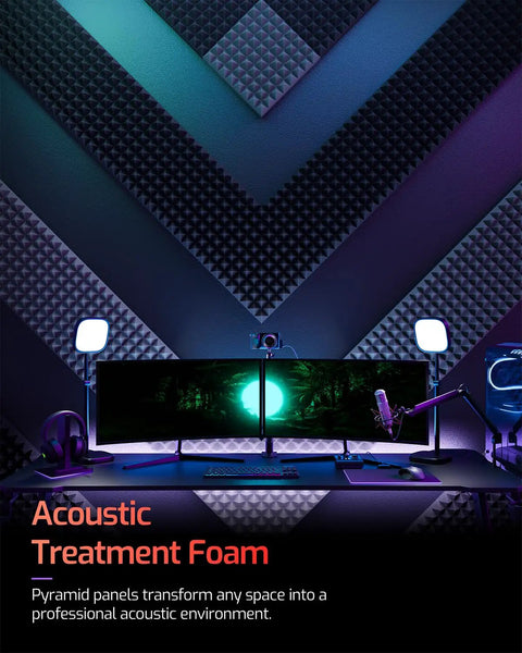 Kick The Echo Down With These Slap On 12 Pack High Density Acoustic Foam Panels Self Adhesive Wall Tiles For Home Studio Gamer Setup Quick Expand Game Changing Sound Dampening on a wall behind a gaming setup.