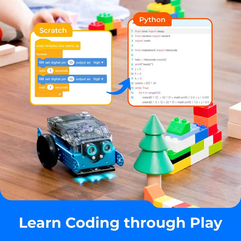 MBot2 Coding Robot For Kids Ages 8 14 And Up, Learn Scratch And Python With An Awesome, Kid-Friendly, Hands-On STEM Robotics Kit For Boys And Girls, Build, Code, And Explore Weather, Lights, And Music Features. Robot with Scratch and Python coding blocks beside toy building pieces