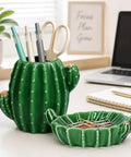 Cactus Desk Organizer Set With Ceramic Pen Holder And Paper Clip Holder For Women on office desk