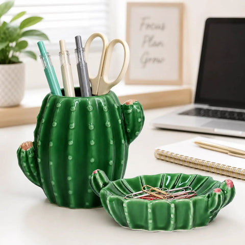 Cactus Desk Organizer Set With Ceramic Pen Holder And Paper Clip Holder For Women on office desk