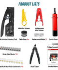 9-in-1 Ethernet Crimping Tool Kit With Pass-Through RJ45 And RJ11, featuring crimp tool, wire strippers, punch down tool, connectors, and case