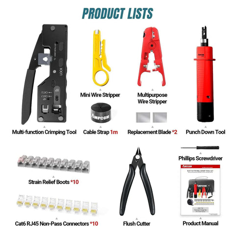 9-in-1 Ethernet Crimping Tool Kit With Pass-Through RJ45 And RJ11, featuring crimp tool, wire strippers, punch down tool, connectors, and case