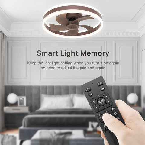 Compact 16 Inch Ceiling Fan With Lights And Remote App Control for bedroom, featuring brown wood 5 blade design and Smart Light Memory.