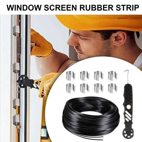 Window Screen Repair Kit With Rubber Splines And Bearing Roller, Easy Removal Hook, shown with installation in progress