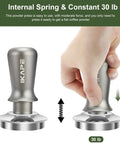 53mm Espresso Tamper Pro Grade Barista Coffee Tamper With Calibrated Spring Loaded And 100 Percent Flat Stainless Steel Base, Fits Breville 54mm Portafilter Basket showing spring-loaded design and 30 lb force for consistent tamping.