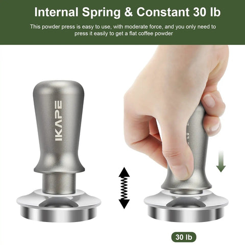 53mm Espresso Tamper Pro Grade Barista Coffee Tamper With Calibrated Spring Loaded And 100 Percent Flat Stainless Steel Base, Fits Breville 54mm Portafilter Basket showing spring-loaded design and 30 lb force for consistent tamping.