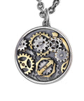 Vintage Style Compass Gear Pendant For Men Made From Real 925 Sterling Silver With Rustic Finish details showing intricate gear design.