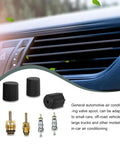 Image showcasing 7 Piece Car AC Valve Core Kit With Caps And Seals For DIY No Fuss Friendly AC System Repair Includes R12 Cores And Core Seats Universal Black Durable Finish For Easy Replacements And Leak Proof Performance On Most Vehicles, featuring caps and valve cores next to a car air vent.