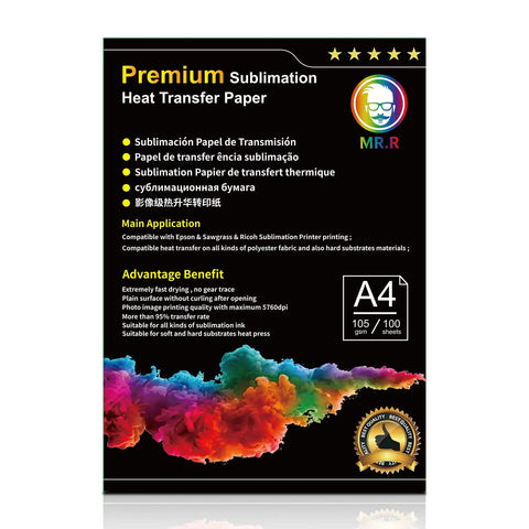 Premium Sublimation Transfer Paper For Epson Sawgrass And Ricoh Printers 105gsm A4 package with colorful design and features list.